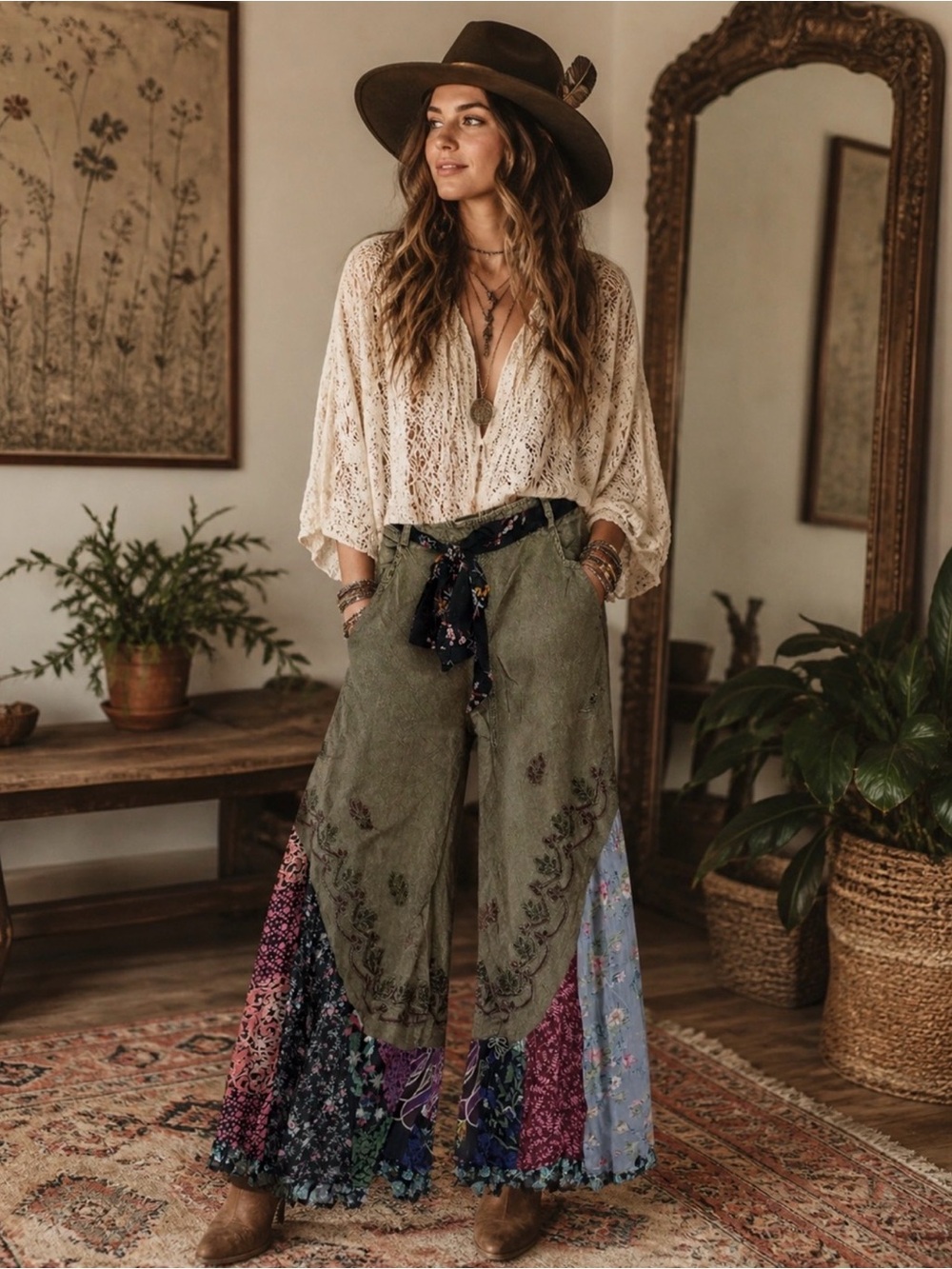 Young Threads Boho Patchwork Wide Leg Pants NWT Size M Festival Gypsy